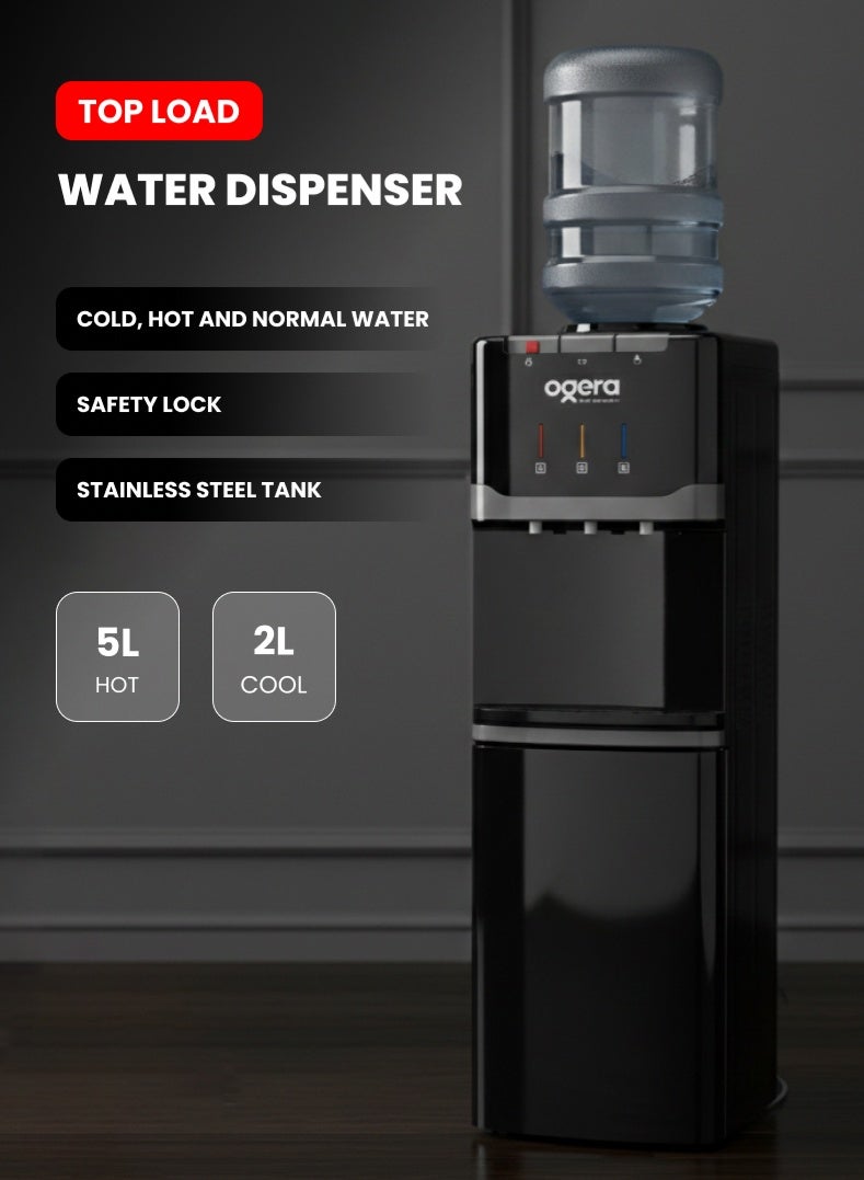 أوجيرا موزع مياه بتصميم تحميل علوي | 3 خيارات للحرارة: ساخن، بارد وعادي | نظام تبريد بالضاغط R134a | خزان مياه من الفولاذ المقاوم للصدأ | قفل أمان للأطفال | سعة تسخين 5 لتر وتبريد 2 لتر | قدرة 640 واط | ضمان سنتين | OG1701WD | أسود - Image 1