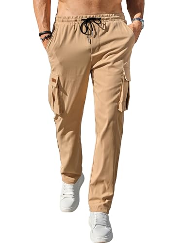 Comdecevis Men's Casual Cargo Pants Workout Joggers Stretch Sweatpants Hiking Drawstring Tactical Pants with Multi Pockets Khaki - Image 2