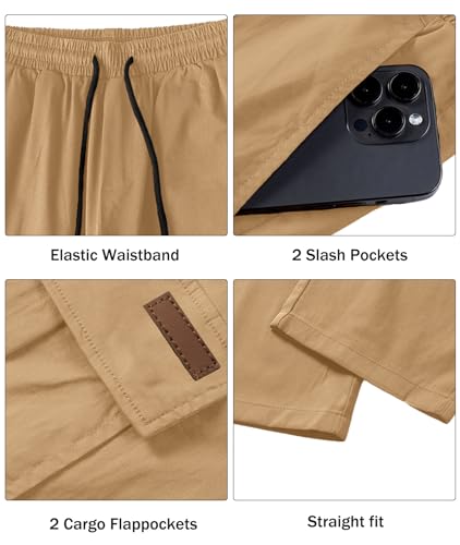 Comdecevis Men's Casual Cargo Pants Workout Joggers Stretch Sweatpants Hiking Drawstring Tactical Pants with Multi Pockets Khaki - Image 4