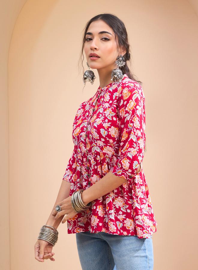 SASSAFRAS Red Floral Buttoned Gathered Kurti - Image 3