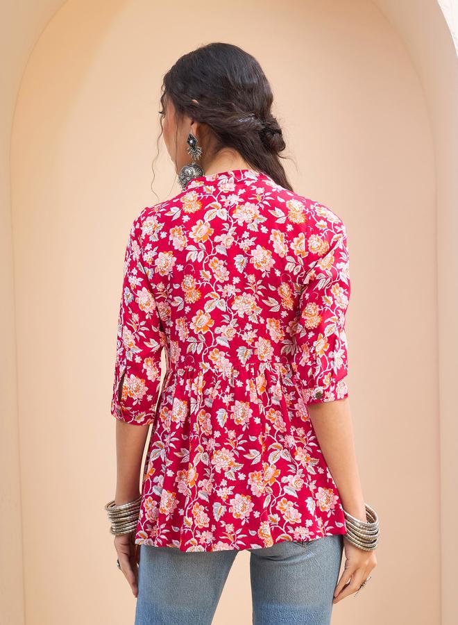 SASSAFRAS Red Floral Buttoned Gathered Kurti - Image 5