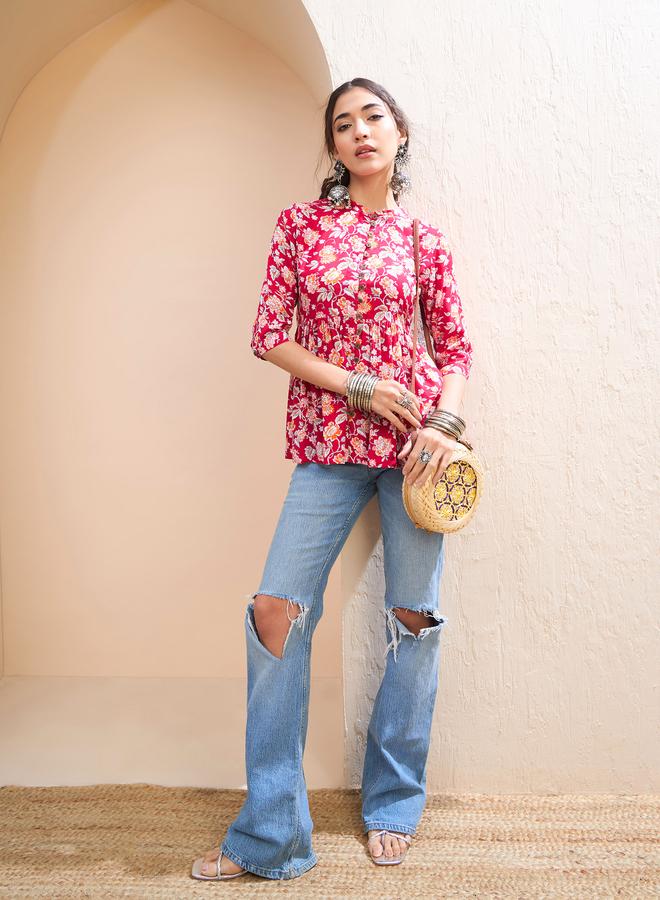 SASSAFRAS Red Floral Buttoned Gathered Kurti - Image 2