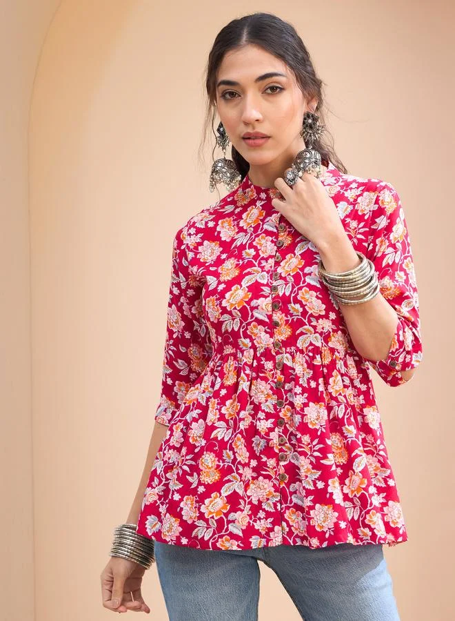 SASSAFRAS SASSAFRAS Red Floral Buttoned Gathered Kurti