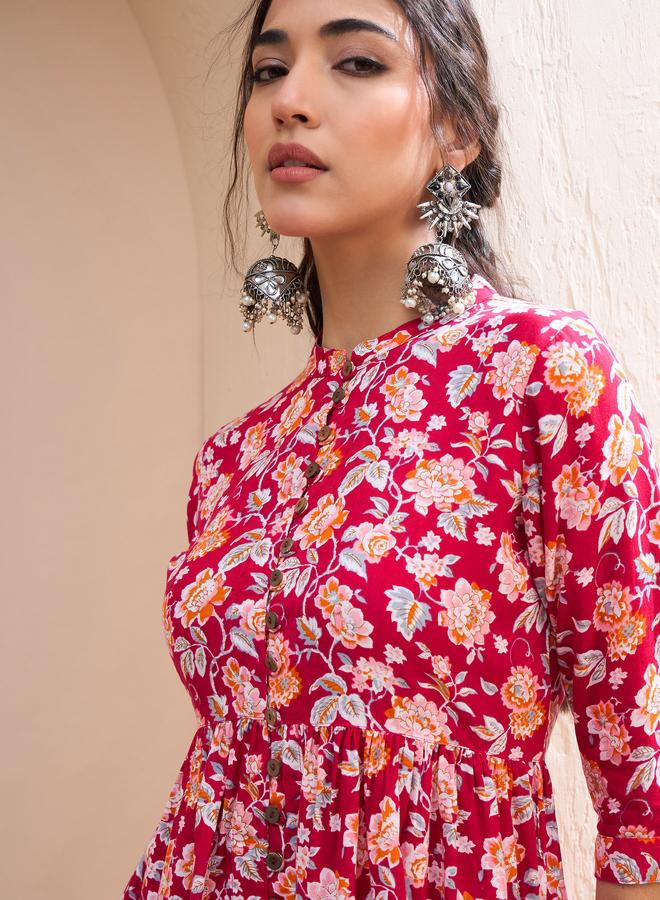 SASSAFRAS Red Floral Buttoned Gathered Kurti - Image 4
