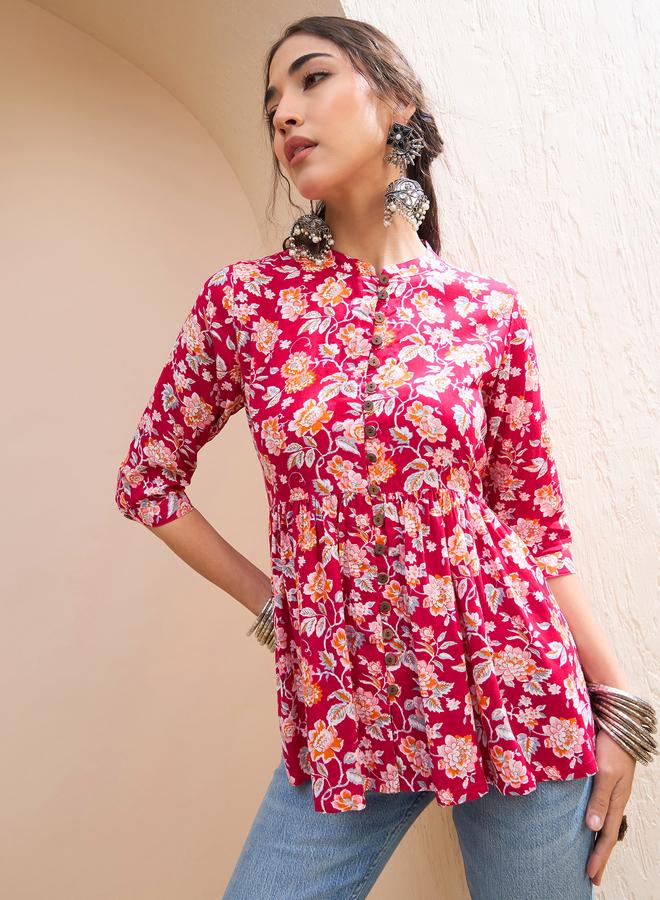 SASSAFRAS Red Floral Buttoned Gathered Kurti - Image 1