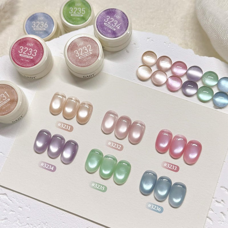 GAOY Sheer Silk Cat Eye Gel Nail Polish Set, 6 Colors Jelly Pink Blue Green Holographic with Magnet, for Salon Manicure & Nail Art DIY at Home, Mermaid Prism - Image 2