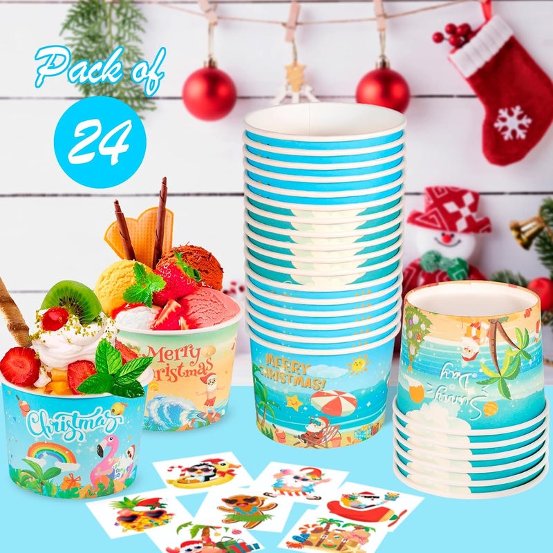 HOWAF 24pcs Summer Christmas Disposable Cups, Tropical Xmas Santa Ice Cream Cups Hawaiian Xmas Santa July Decorative Paper Snack Bowls Summer Beach Party Supplies for Beverage July Themed Party - Image 3