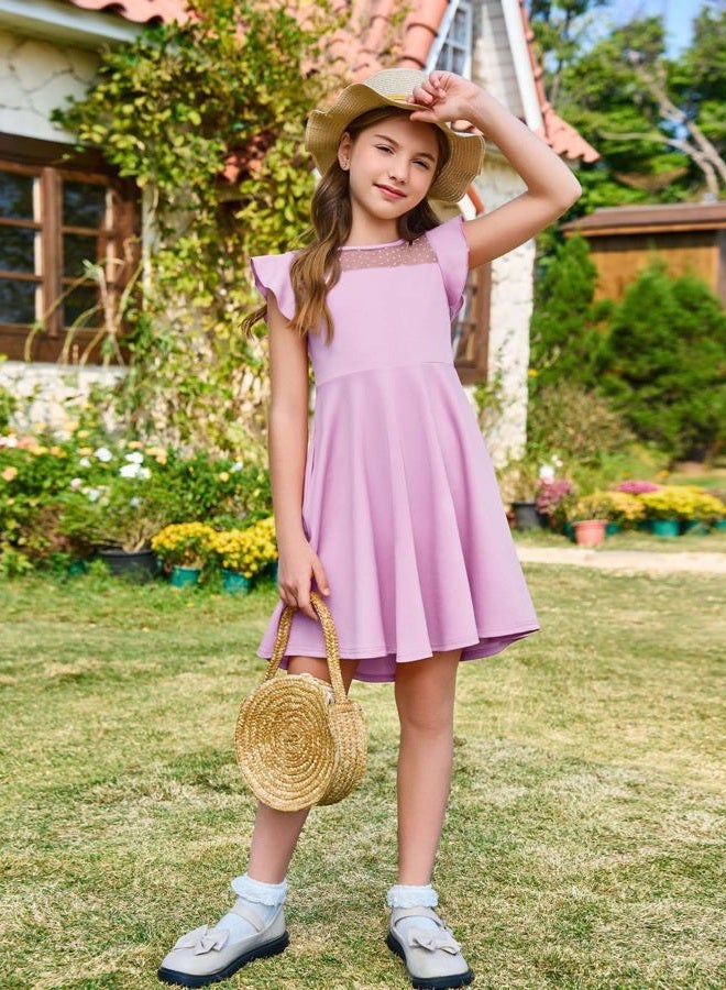 Haloumoning فستان بنات صيفي بأكمام مرفرفة من الشبك بتصميم A-Line لحفلات الأطفال مع جيوب للأعمار من 4-14 سنة، لون بنفسجي فاتح، 7-8 سنوات - Image 5