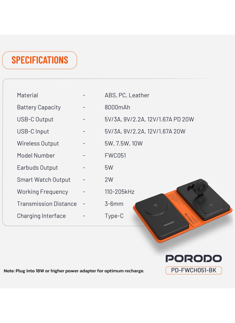 porodo - 8000mAh Folding 4-Device Charger /Folding Design/Wide Compatibility / Fast Charging / 2W Smart Watch Charger / 5W Earbuds Charger/ Reliable and Safe Wireless Charging - Black - Image 1