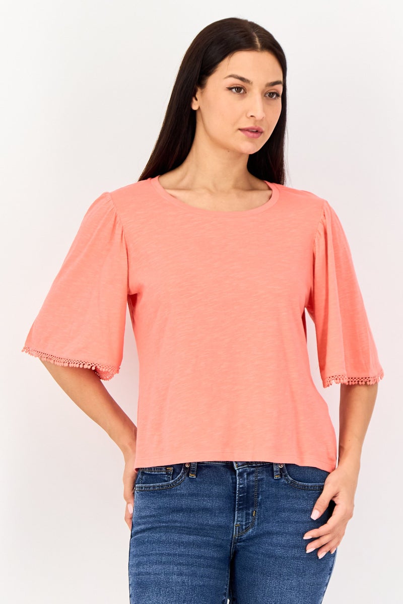 VERO MODA Women Round Neck Bell Sleeve Solid Blouse, Coral - Image 1