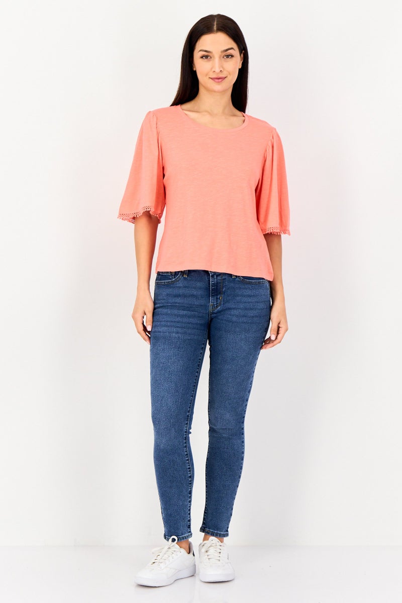 VERO MODA Women Round Neck Bell Sleeve Solid Blouse, Coral - Image 4