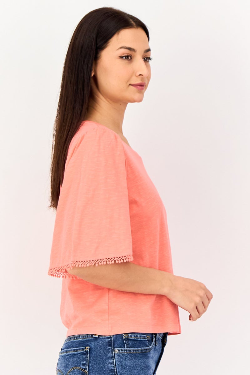 VERO MODA Women Round Neck Bell Sleeve Solid Blouse, Coral - Image 3