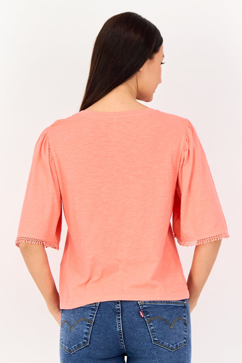 VERO MODA Women Round Neck Bell Sleeve Solid Blouse, Coral - Image 2