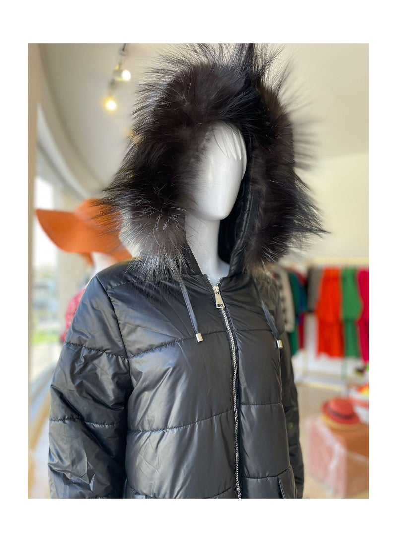 Fox Fur Coat Hooded Real Fur Womens Jacket Winter Coat Girls  - Image 1