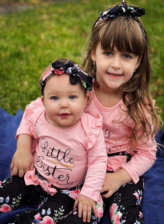 AMAWMW Big Sister Little Sister Matching Outfits Toddler Girl Clothes Newborn Baby Ruffle Romper Floral Pants Headband 3Pcs, Pink-2, 4-5 Years - Image 2