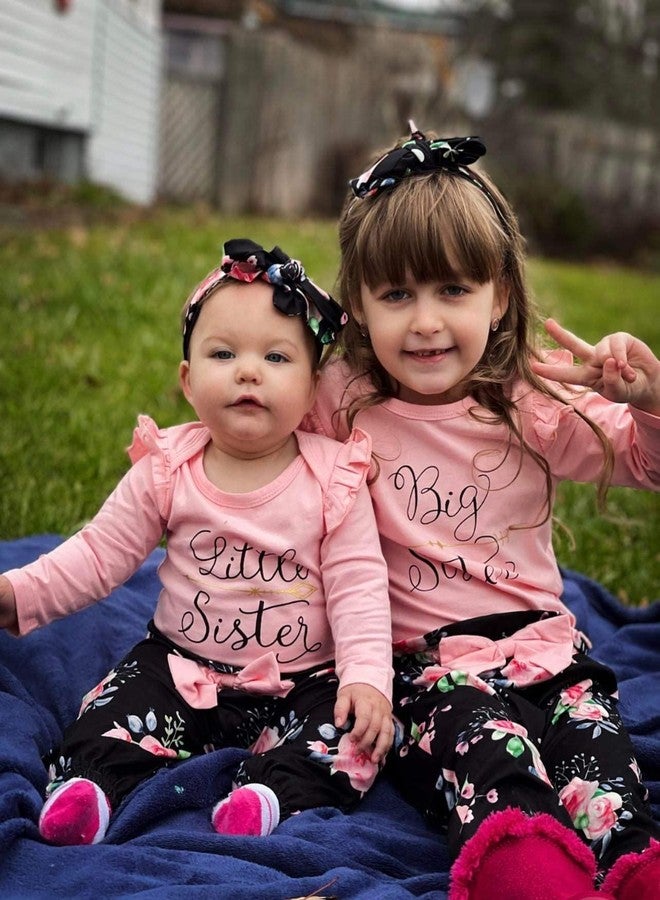 AMAWMW Big Sister Little Sister Matching Outfits Toddler Girl Clothes Newborn Baby Ruffle Romper Floral Pants Headband 3Pcs, Pink-2, 4-5 Years - Image 3