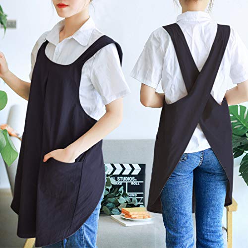 NEWGEM Japanese Linen Cross Back Kitchen Cooking Aprons for Men with Pockets for Baking Painting Gardening Cleaning Black - Image 3