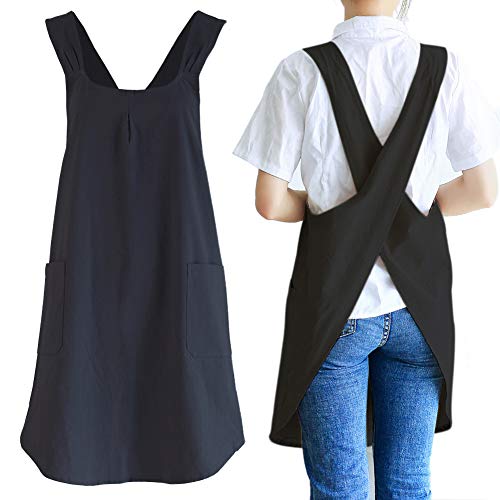 NEWGEM Japanese Linen Cross Back Kitchen Cooking Aprons for Men with Pockets for Baking Painting Gardening Cleaning Black - Image 1