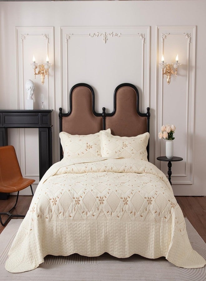 بوف لحاف مزدوج من BOV مع غطاء وسادة، طقم لحاف قطني مطرز بدقة، غطاء سرير قطني فاخر وخفيف الوزن مناسب لجميع الفصول، لون أبيض كريمي 86 × 68 بوصة - Image 1