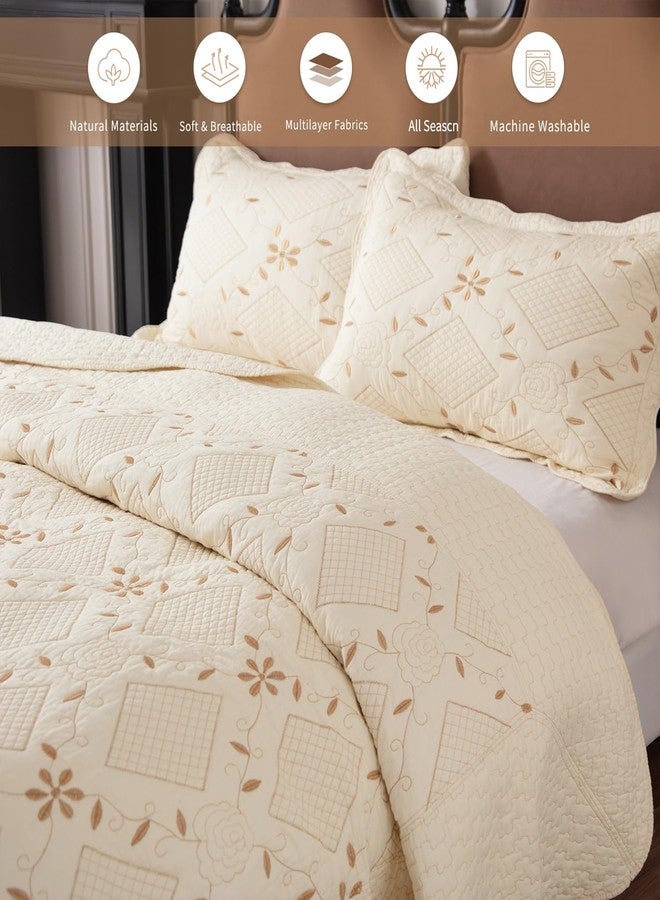 بوف لحاف مزدوج من BOV مع غطاء وسادة، طقم لحاف قطني مطرز بدقة، غطاء سرير قطني فاخر وخفيف الوزن مناسب لجميع الفصول، لون أبيض كريمي 86 × 68 بوصة - Image 5