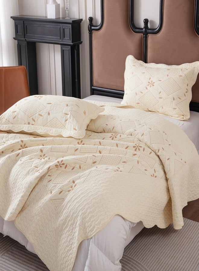 بوف لحاف مزدوج من BOV مع غطاء وسادة، طقم لحاف قطني مطرز بدقة، غطاء سرير قطني فاخر وخفيف الوزن مناسب لجميع الفصول، لون أبيض كريمي 86 × 68 بوصة - Image 3