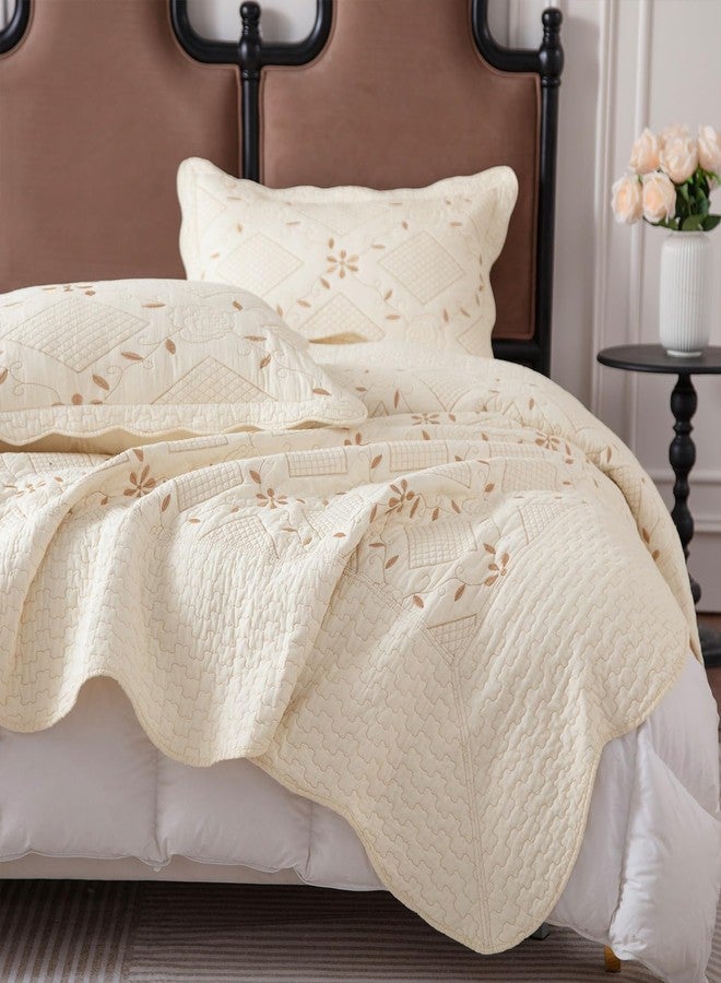 بوف لحاف مزدوج من BOV مع غطاء وسادة، طقم لحاف قطني مطرز بدقة، غطاء سرير قطني فاخر وخفيف الوزن مناسب لجميع الفصول، لون أبيض كريمي 86 × 68 بوصة - Image 2