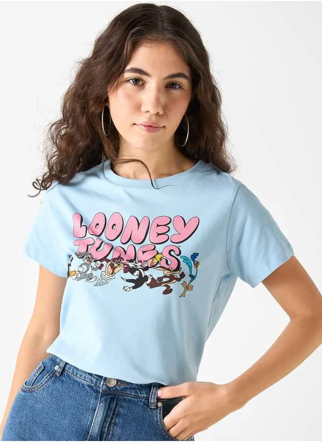 SP Characters Looney Tunes Print Crew Neck T-shirt with Short Sleeves