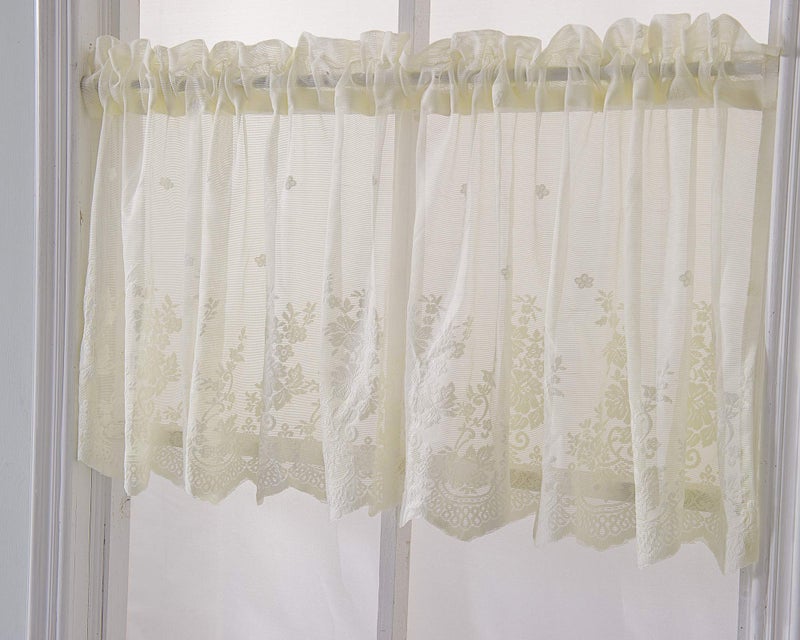 Annlaite Lace Floral Curtain 51x16in Embroidery Semi Sheer Short Window Curtain for Kitchen Floral Vintage Swag Valance for Dinning Room Bedroom Bathroom Cafe Small Windows