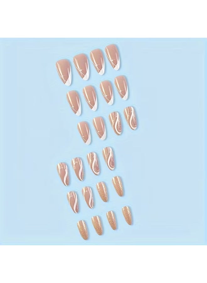 Goolsky White Star Sparkling Champagne Nail Art - Removable Almond-Shaped Nail Tips with Glossy Finish, Marble Pattern - Image 2