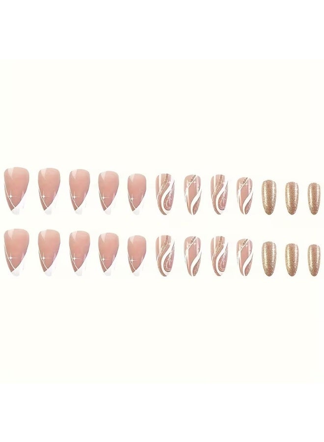 Goolsky White Star Sparkling Champagne Nail Art - Removable Almond-Shaped Nail Tips with Glossy Finish, Marble Pattern - Image 4