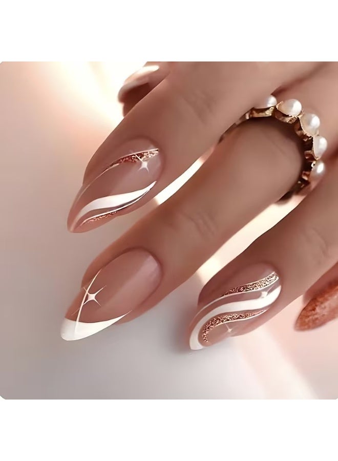 Goolsky White Star Sparkling Champagne Nail Art - Removable Almond-Shaped Nail Tips with Glossy Finish, Marble Pattern - Image 1