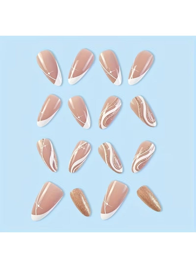 Goolsky White Star Sparkling Champagne Nail Art - Removable Almond-Shaped Nail Tips with Glossy Finish, Marble Pattern - Image 5
