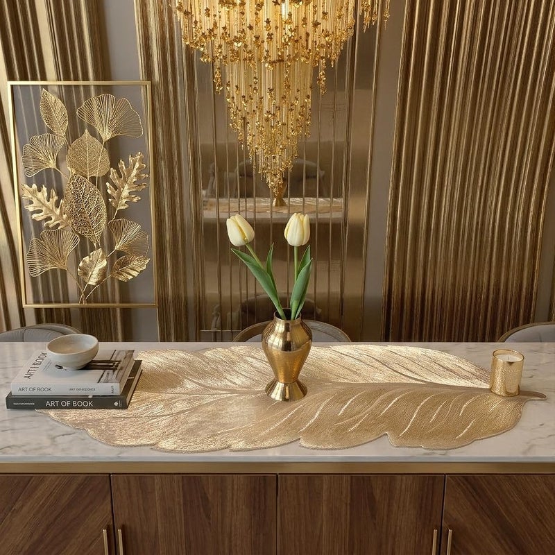 FAVE Gold Small Table Runner 36 Inch Heat Resistant Vinyl Table Cover for Dinner Party Wedding Decor (Leaves) - Image 3