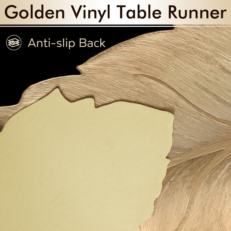 FAVE Gold Small Table Runner 36 Inch Heat Resistant Vinyl Table Cover for Dinner Party Wedding Decor (Leaves) - Image 2