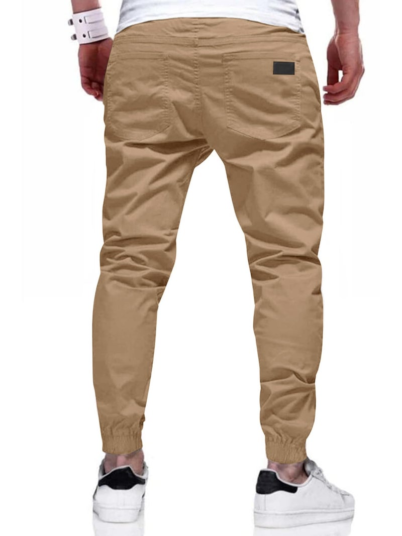 PLEPAN Mens Casual Cargo Joggers - Cotton Drawstring Chino Pants Hiking Outdoor Twill Track Jogging Sweatpants Dark Khaki - Image 2
