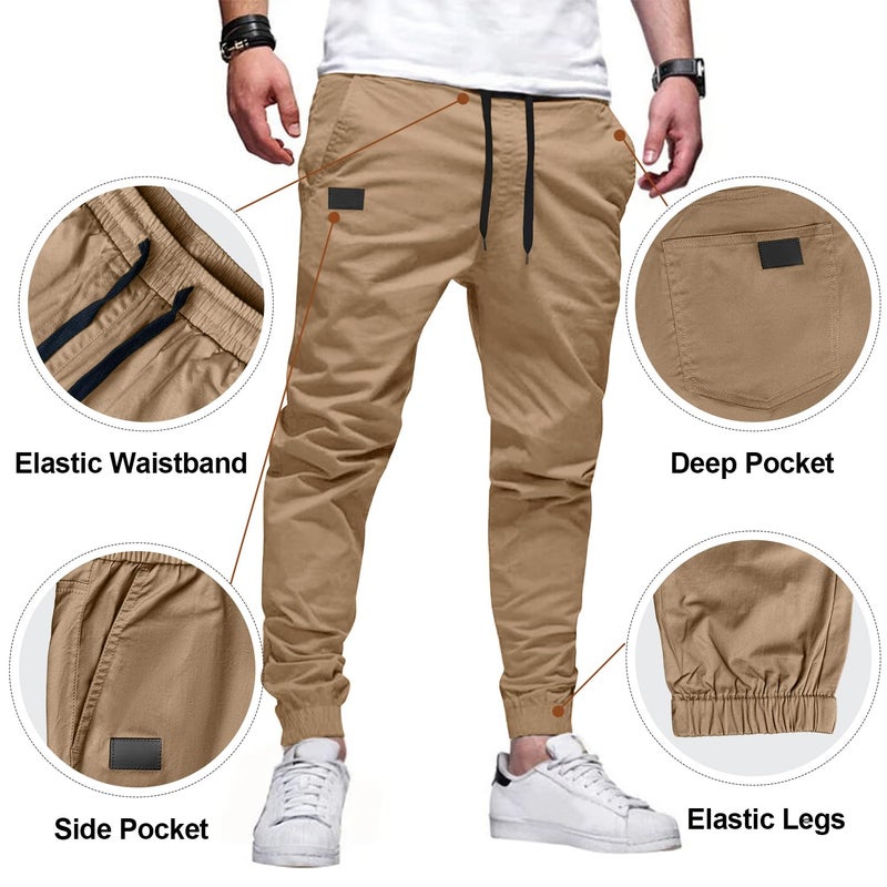 PLEPAN Mens Casual Cargo Joggers - Cotton Drawstring Chino Pants Hiking Outdoor Twill Track Jogging Sweatpants Dark Khaki - Image 4