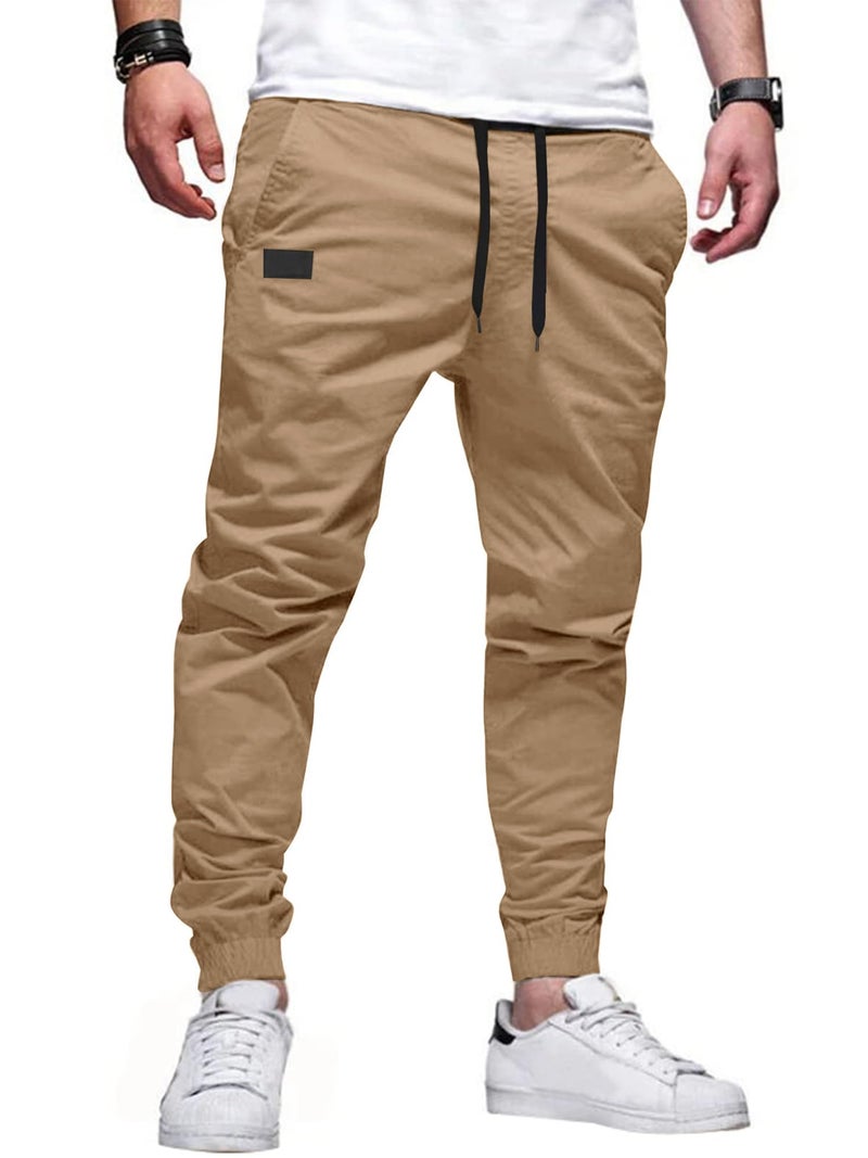 PLEPAN Mens Casual Cargo Joggers - Cotton Drawstring Chino Pants Hiking Outdoor Twill Track Jogging Sweatpants Dark Khaki - Image 1