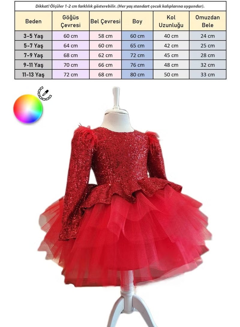 Masho Trend Feathered Shoulder V Back Sequined Girls' Dress - Children's Evening Dress - Girls' Evening Dress - Children's Graduation Dress - Image 3