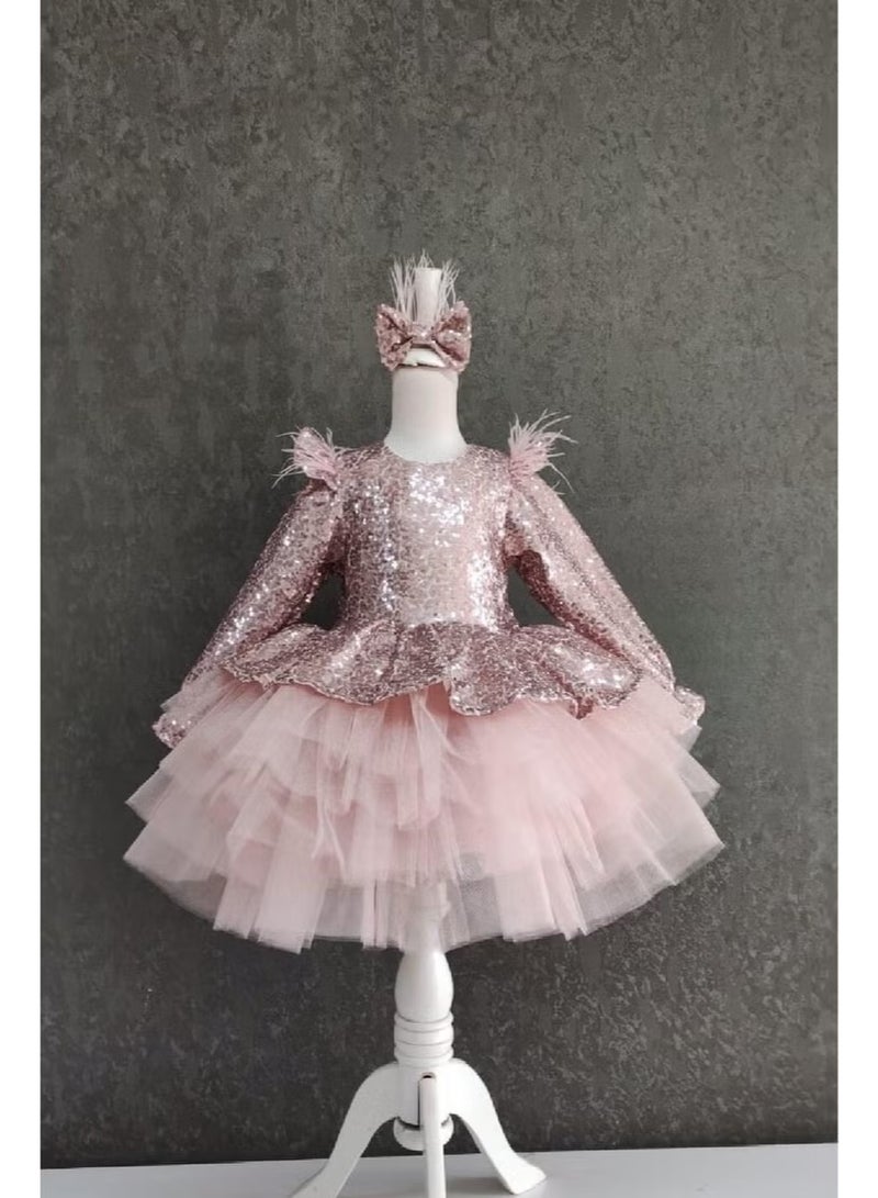 Masho Trend Feathered Shoulder V Back Sequined Girls' Dress - Children's Evening Dress - Girls' Evening Dress - Children's Graduation Dress - Image 1
