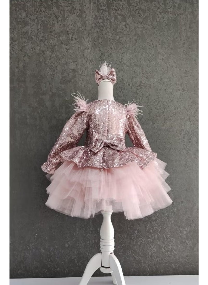 Masho Trend Feathered Shoulder V Back Sequined Girls' Dress - Children's Evening Dress - Girls' Evening Dress - Children's Graduation Dress - Image 2