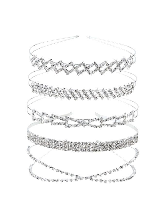 Cinaci 5 Pack Sparkly Glitter Rhinestone Silver Metal Headbands Wedding Hair Crowns Tiaras Clasps Accessories for Kids Girls Women Brides (5 Pack S3) - Image 1