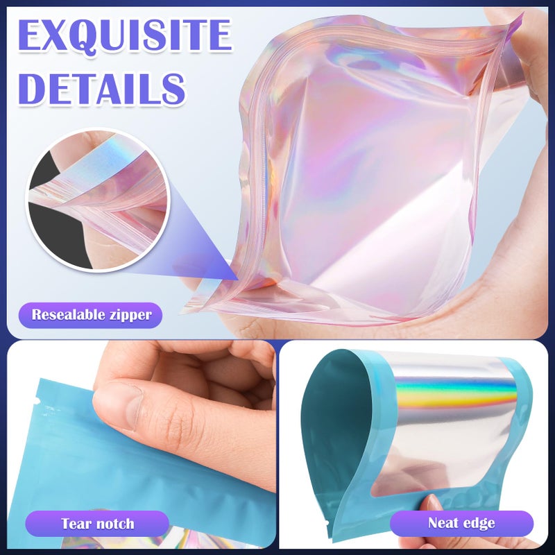 JETMORE 100 Pcs Mylar Bags, Smell Proof Bags Foil Pouch, Holographic Resealable Bags for Small Business, Candy Sample Jewelry Bag Sealable Packaging for Party Favor Food Storage (3x5in-Blue) - Image 5
