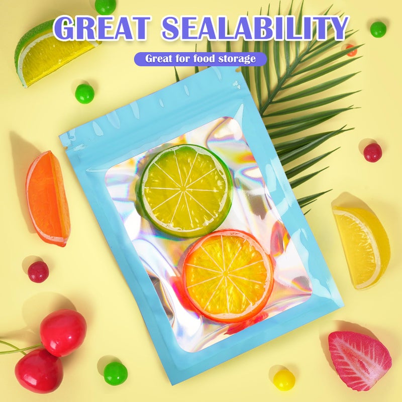 JETMORE 100 Pcs Mylar Bags, Smell Proof Bags Foil Pouch, Holographic Resealable Bags for Small Business, Candy Sample Jewelry Bag Sealable Packaging for Party Favor Food Storage (3x5in-Blue) - Image 3