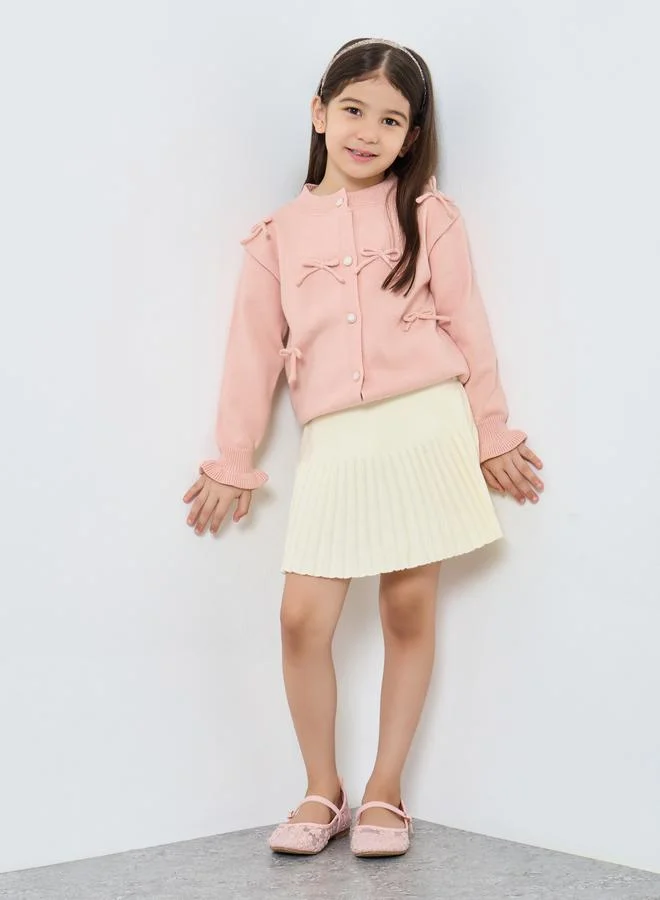 Styli Styli Girls Pink Flat Knit Cardigan and Skirt Set