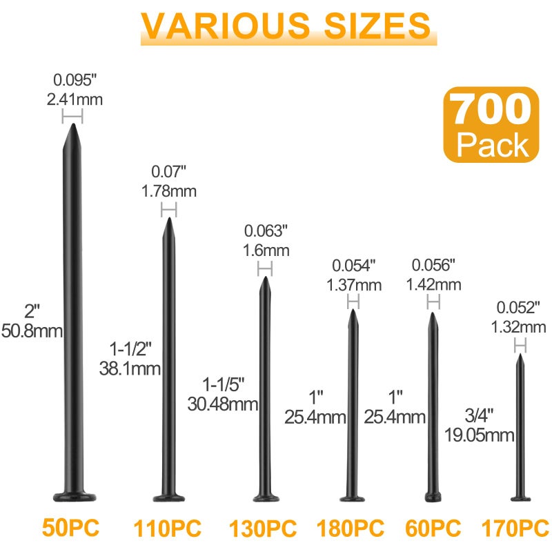 KURUI Black Nails for Hanging Wall Decor Tapestry Pictures Frame,700pc Picture Hangers for Bedroom Bathroom Office, 6 Sizes Small Finish Nails Assortment Kit,640 Frame Nails and 60 Finishing Nails - Image 2