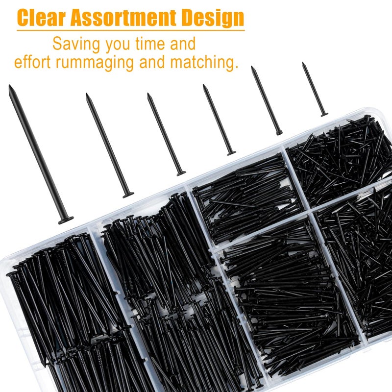 KURUI Black Nails for Hanging Wall Decor Tapestry Pictures Frame,700pc Picture Hangers for Bedroom Bathroom Office, 6 Sizes Small Finish Nails Assortment Kit,640 Frame Nails and 60 Finishing Nails - Image 3