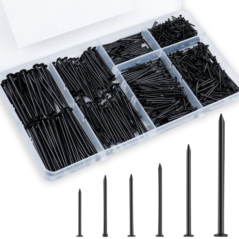 KURUI Black Nails for Hanging Wall Decor Tapestry Pictures Frame,700pc Picture Hangers for Bedroom Bathroom Office, 6 Sizes Small Finish Nails Assortment Kit,640 Frame Nails and 60 Finishing Nails - Image 1