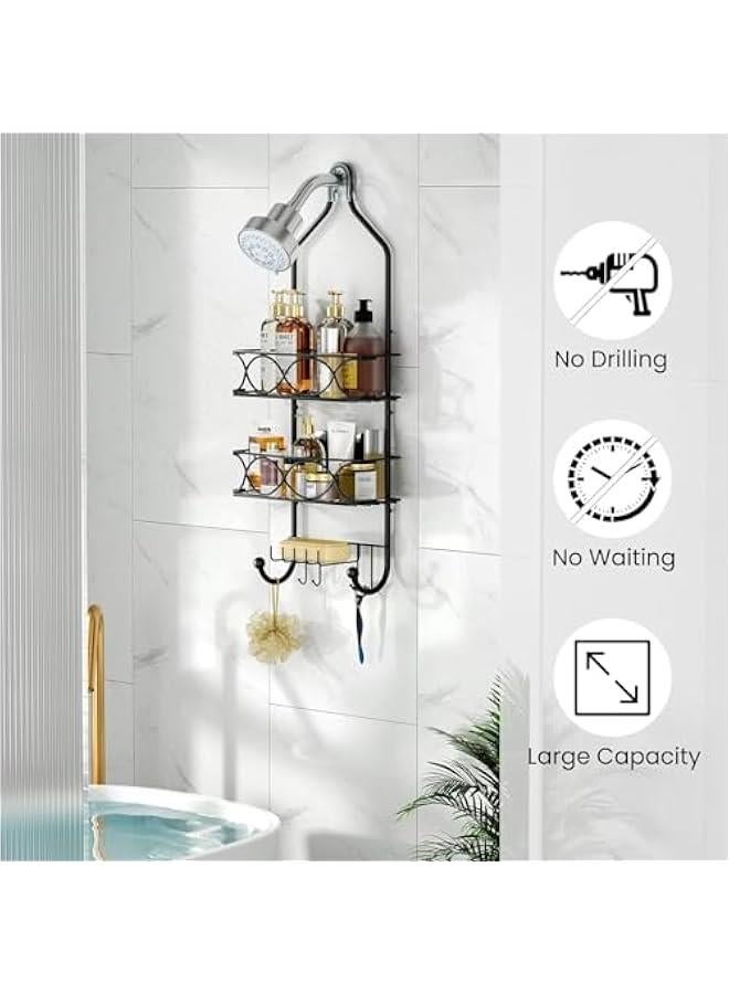 هوكور حامل دش معلق من 3 طبقات مع خطافات من دوركو، ارفف حمام من الستانلس ستيل لا تحتاج الى حفر ومقاومة للصدا مع طبق صابون للشامبو والصابون واسفنجة الاستحمام والمناشف - Image 5