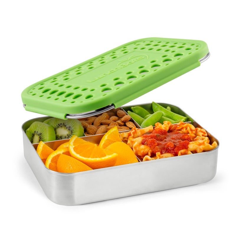 LunchBots حاوية غداء LunchBots الكبيرة من الفولاذ المقاوم للصدأ - تصميم بخمسة أقسام يحمل مجموعة متنوعة من الأطعمة - صندوق بينتو معدني - آمن في غسالة الصحون - غطاء من الفولاذ المقاوم للصدأ - نقاط خضراء - Image 1