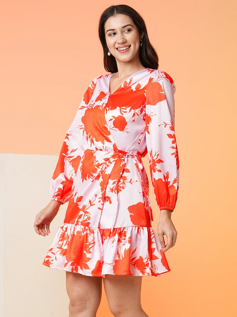 جلو باص فستان سهرة نسائي جلابي من الساتان بطبعة زهور برتقالية من جلوبس